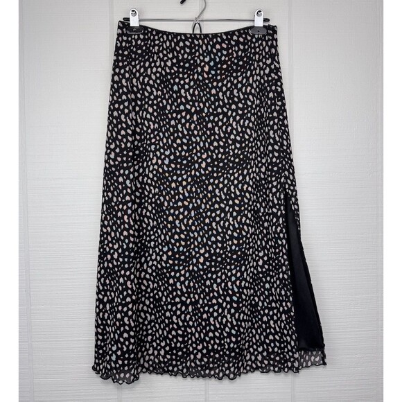 Urban Romantics Black Spotted Animal Print Midi Skirt Side Slit Lettuce Trim Hem - Picture 1 of 4